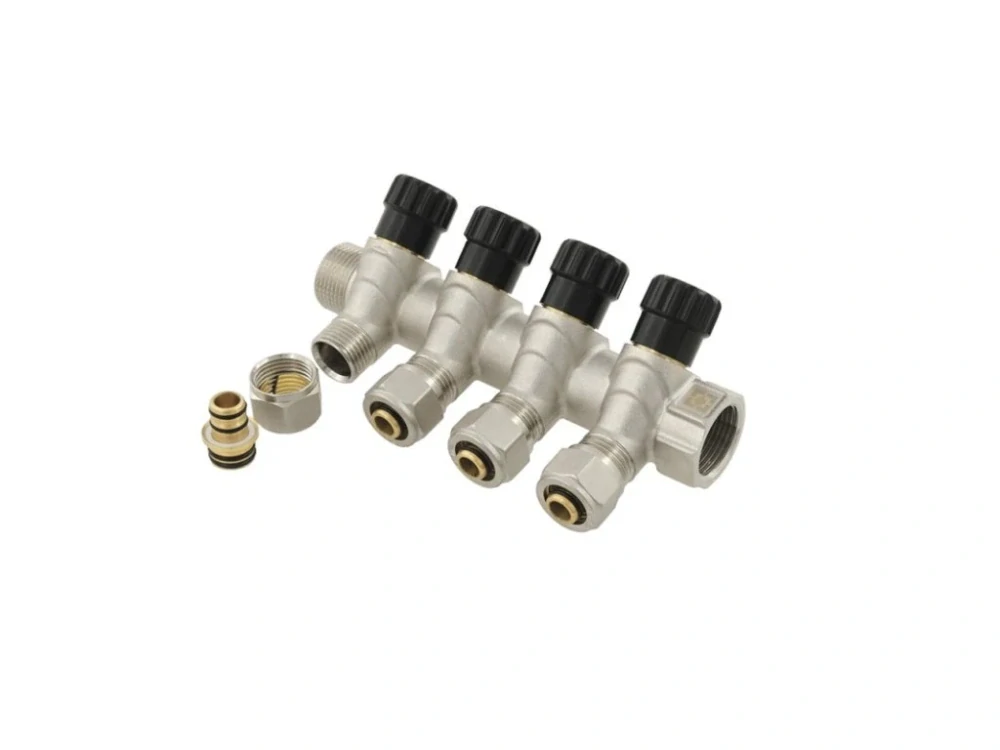 Sanitární rozdělovač s regulačními ventily 3/4"x1/2"x16 se čtyřmi okruhy